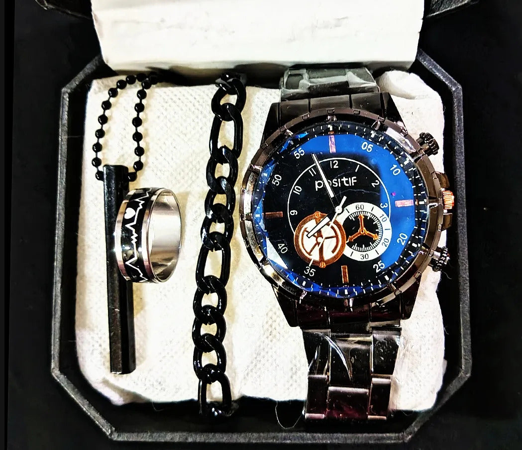 Men's Fashion Watch Gift Set – Pack of 4 with Bracelet, Ring & Locket