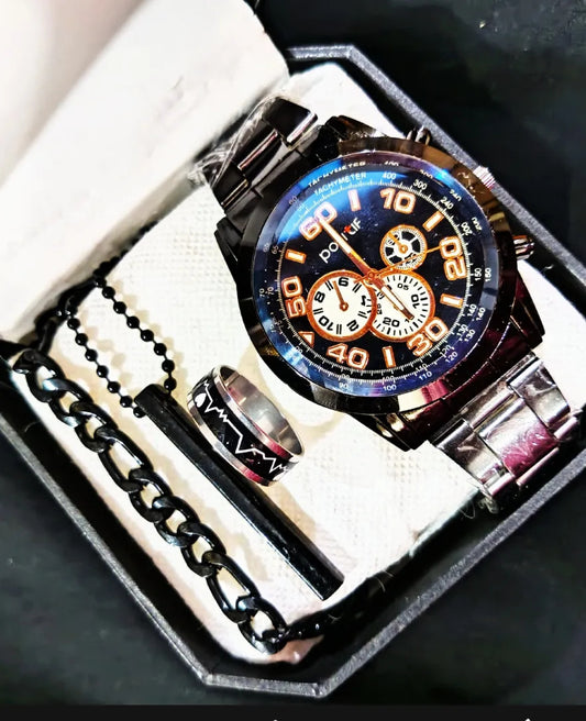 Men's Fashion Watch Gift Set – Pack of 4 with Bracelet, Ring & Locket