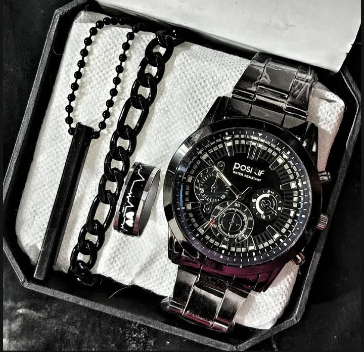 Men's Fashion Watch Gift Set – Pack of 4 with Bracelet, Ring & Locket